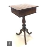 A 19th Century converted Tunbridgeware style walnut games/work table, the square lift chequer
