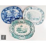 Three large 19th Century transfer decorated meat plates, the first decorated in green and white with