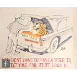 AFTER KEN MCKIE - Two 1960s character coloured pen drawings titled ‘You don’t have to have a tiger