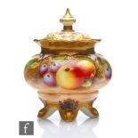 A small Royal Worcester Fallen Fruits shape H261 vase and cover panel decorated by Rolands with hand