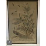 A Chinese embroidered framed panel in the Hundred Bird style, the pale ivory coloured fabric
