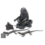 A collection of Japanese bronze items, to include a pair of salamanders, length 23-25cm, a seated