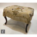 A late Victorian mahogany and later covered tapestry stool, on cabriole legs, width 62cm, S/D