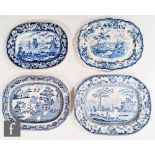 Four 19th Century blue and white meat plates comprising one decorated in the Royal Cottage