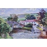RON HUMPHRIES (CONTEMPORARY) - A bridge over a river with cottages beyond, acrylic on canvas,
