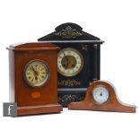 A Victorian black slate mantle clock, width 40cm, a small Edwardian inlaid mahogany mantle clock,