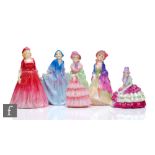 Five small Royal Doulton figurines comprising Chloe M29, Rosamund M33, Victorian Lady M1, Sweet Anne