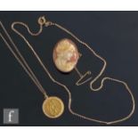 A 9ct mounted oval cameo brooch, a 9ct St Christopher and chain and a 9ct box chain, total weight