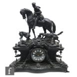 A late 19th to early 20th Century large French spelter mantel clock, detailed with a figural group