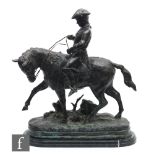 A late 20th Century bronze figure of a huntsman on horseback, after Antoine Louis Barye, raised to a