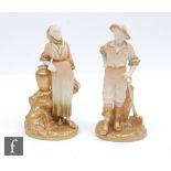 A pair of early 20th Century Royal Worcester figures modelled by James Hadley, she holding a jug and