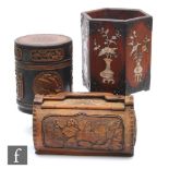 A collection of Chinese carved wooden items, to include a hexagonal shaped brush pot applied with