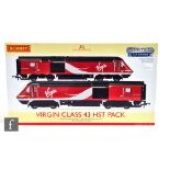 An OO gauge Hornby R3390TTS DCC Fitted Twin Track Sound Virgin Class 43 HST Pack, with power car