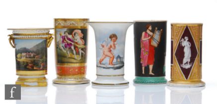 Five 19th Century spill vases to include a Chamberlain Worcester vase decorated with a cherub