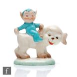 A small 1930s Shelley Mabel Lucie Attwell model of a 'boo-boo' elf dressed in blue riding a dog,
