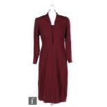 A 1930s/40s ladies vintage dress in maroon with soutache stitching to the front panel pattern,