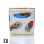 A 19th Century Chamberlain Worcester drum shaped inkwell decorated with hand painted feathers