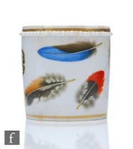 A 19th Century Chamberlain Worcester drum shaped inkwell decorated with hand painted feathers