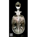 A late 19th Century clear crystal decanter of square section with large dimples to each side, the