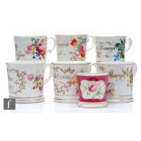 Six assorted 19th Century celebratory mugs decorated with gilt text comprising Ann 1847, My Dear