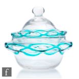 A 1930s Gray-Stan lidded glass bowl, decorated with green interwoven loops over the clear crystal