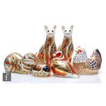 Six assorted Royal Crown Derby paperweights comprising three cats, a cockerel, a bird and a bug, all