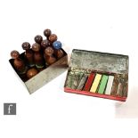 An early 1940s skittles set, with nine wooden skittles and a ball, with a Sooty Junior Xylophone