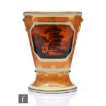 A 19th Century Barr Flight & Barr Worcester bucket vase with a black on rust landscape panel against