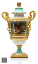 A 19th Flight Barr & Barr twin handled vase and cover decorated with a handpainted cartouche panel