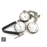 Three early 20th Century silver open faced pocket watches, each with Roman numerals to a white