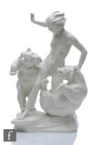 A 1930s Art Deco Hutschenreuther blanc de chine figural group 'Jealousy' designed by Karl Tutter,