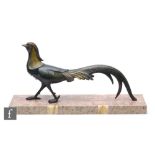 A 20th Century cold painted spelter study, modelled as a stylised pheasant, mounted to a three