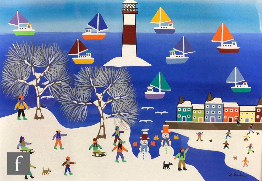 GORDON BARKER (BORN 1960) - 'Joyful Day at the Snowy Harbour', acrylic on paper, signed, signed