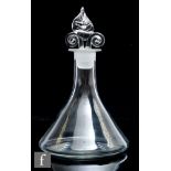 A later 20th Century clear crystal decanter by Simon Moore, the conical body rising to a collar neck