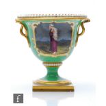 A 19th Century Flight Barr & Barr urn decorated with a hand painted cartouche of a barefoot lady