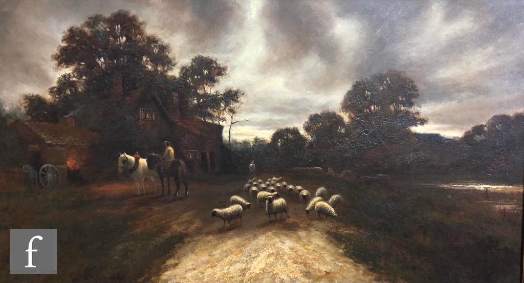 FOLLOWER OF THOMAS CRESWICK (1811-1869) - A drover with sheep on a country road, oil on canvas,