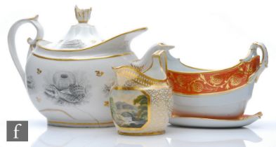A 19th Century Flight Barr & Barr teapot of silver form, bat printed with shells with gilt sprigs,