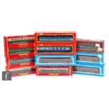 Eleven OO gauge passenger coaches by Hornby and Airfix, to include LMS, Intercity, DR, GWR etc,