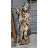 A 19th Century carved white marble garden figure of a young farm hand wearing a cloak with bag and
