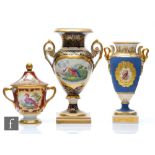 Three 19th Century vases of varying form comprising a pedestal vase decorated with a cartouche panel