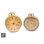 An 18ct open faced key wind fob watch, Roman numerals to a gilt dial, case diameter 40mm, gold