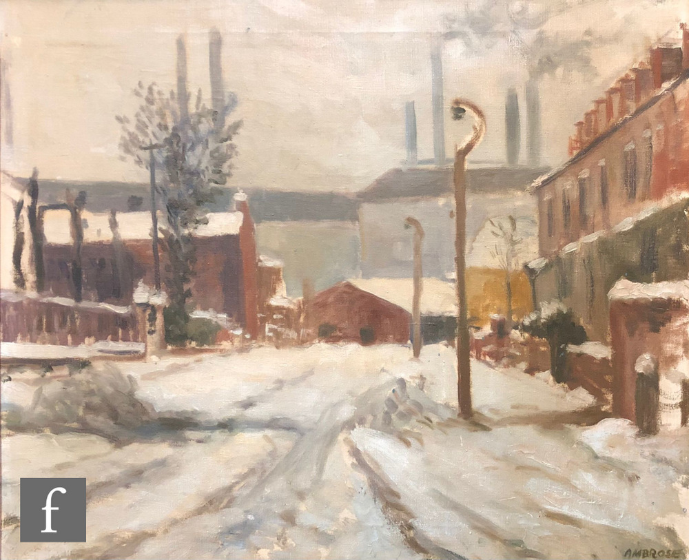JOHN AMBROSE, RSMA (1931-2010) - 'Snow at Bent Street', depicting the former Round Oak Steel Works