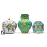 A collection of Chinese porcelain vases, to include a turquoise and yellow ground, with Wanli six-
