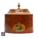 A 20th Century Sheraton style mahogany and satinwood wood tea caddy, the shaped top mounted with