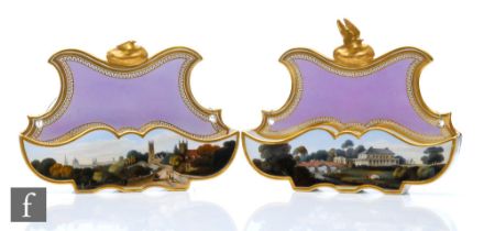 A pair of 19th Century Chamberlain Worcester wall pockets both decorated with a hand painted view of
