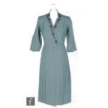 A 1940s ladies vintage dress in grey/blue crepe dress, the cross-panel bodice with floral bead