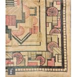 An Art Deco table cloth or throw over geometric fruit design on a pale ground, 160cm x 140cm.