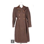 A 1940s Maurice Burnard ladies double breasted brown tweed coat with faux fur to the collar,