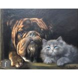 LILIAN CHEVIOT (1884-1932) - 'Brown eyes and Blue eyes' - boxer dog and Burmese cat, oil on