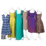 Six assorted ladies vintage dresses comprising a 1950s purple 3/4 length sleeve dress with square